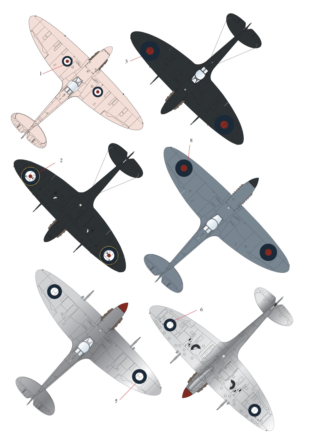 Monotone Supermarine Spitfires Pr.Mk.IV, Pr Mk.IX, PR Mk.IG, Mk.Vc, Mk.Vb