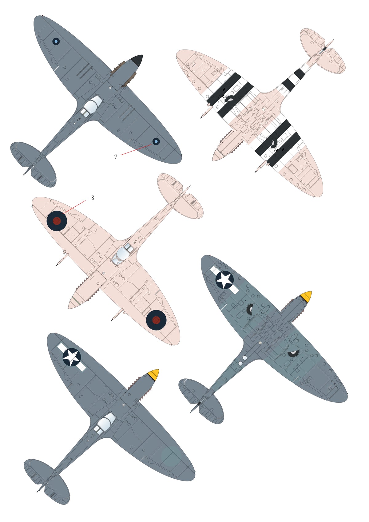 Monotone Supermarine Spitfires Pr.Mk.IV, Pr Mk.IX, PR Mk.IG, Mk.Vc, Mk.Vb