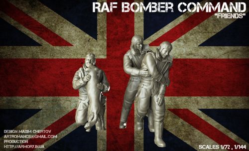'Friends.' WWII RAF Crewmen in high Altitude outfit (3 figures with dog)