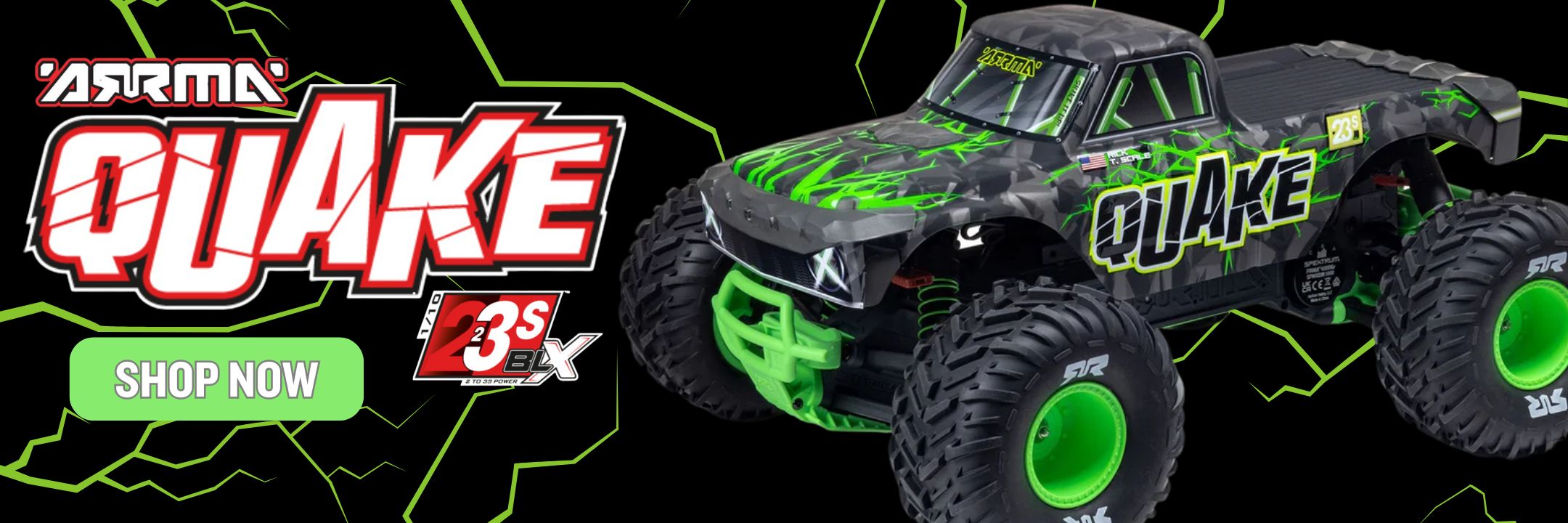 Monster truck with 'Quake' branding on a black background