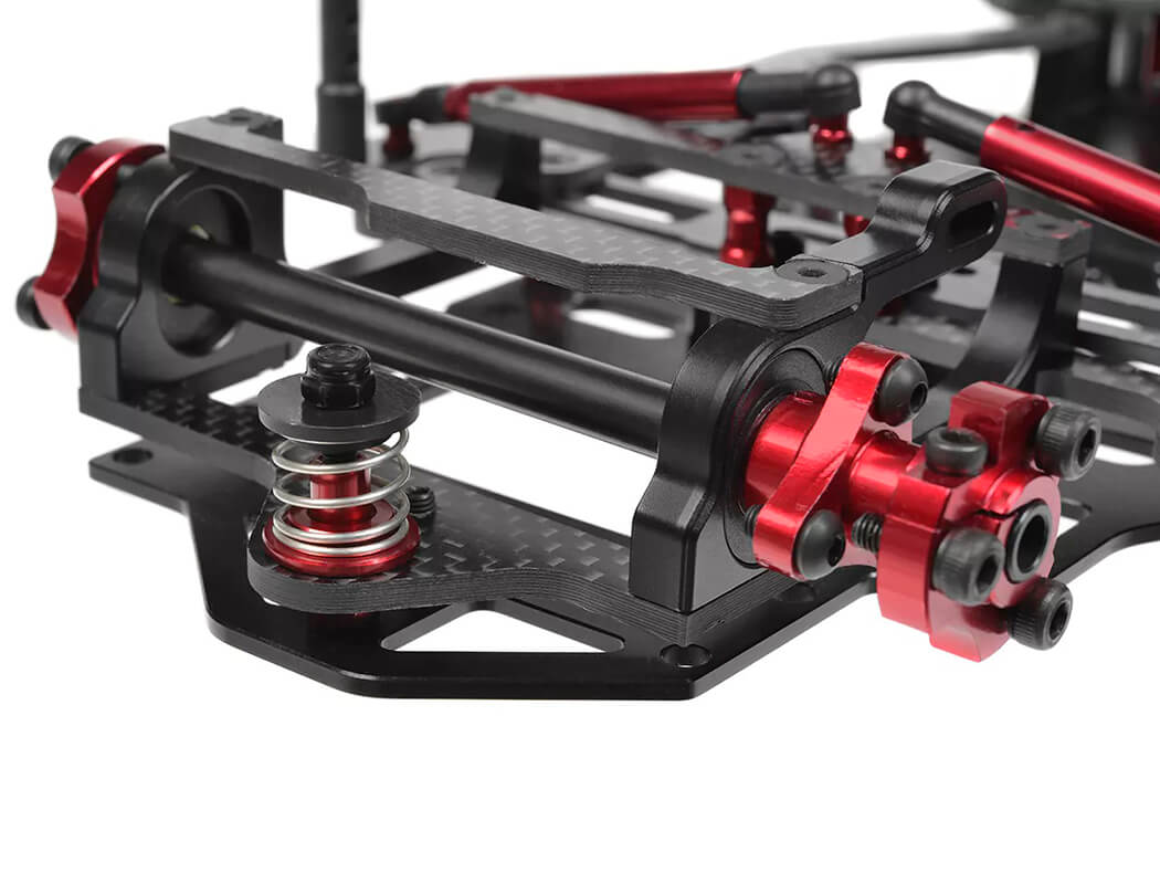 Close-up of a mechanical metal frame with red and black components on a white background