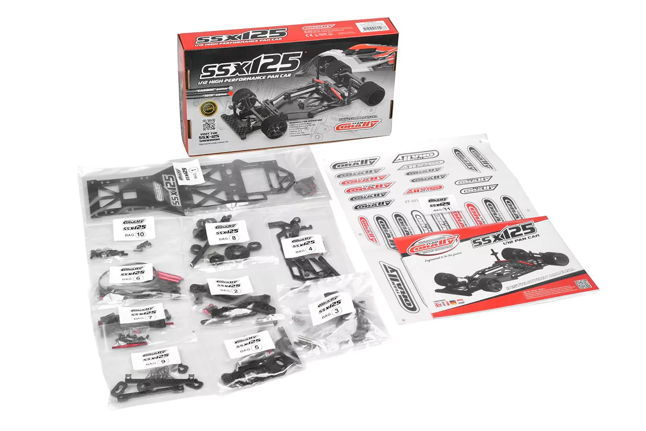 RC car parts set with packaging on a white background