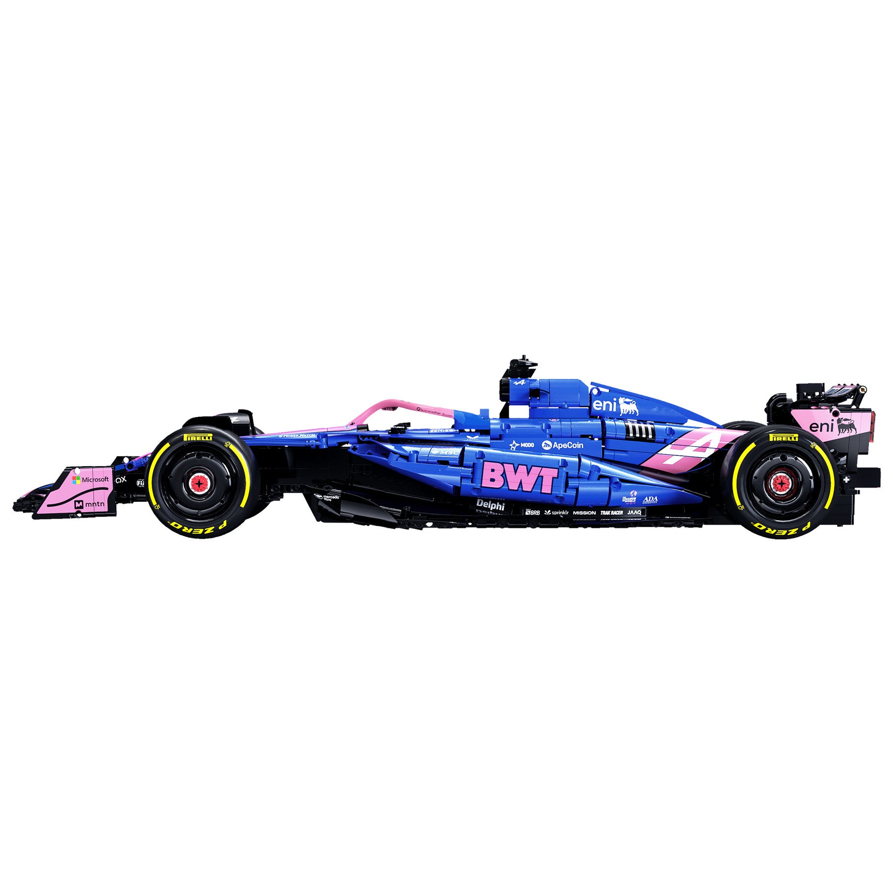 BWT Alpine F1 Team A525 model car side view with blue and pink color scheme, showcasing detailed design.