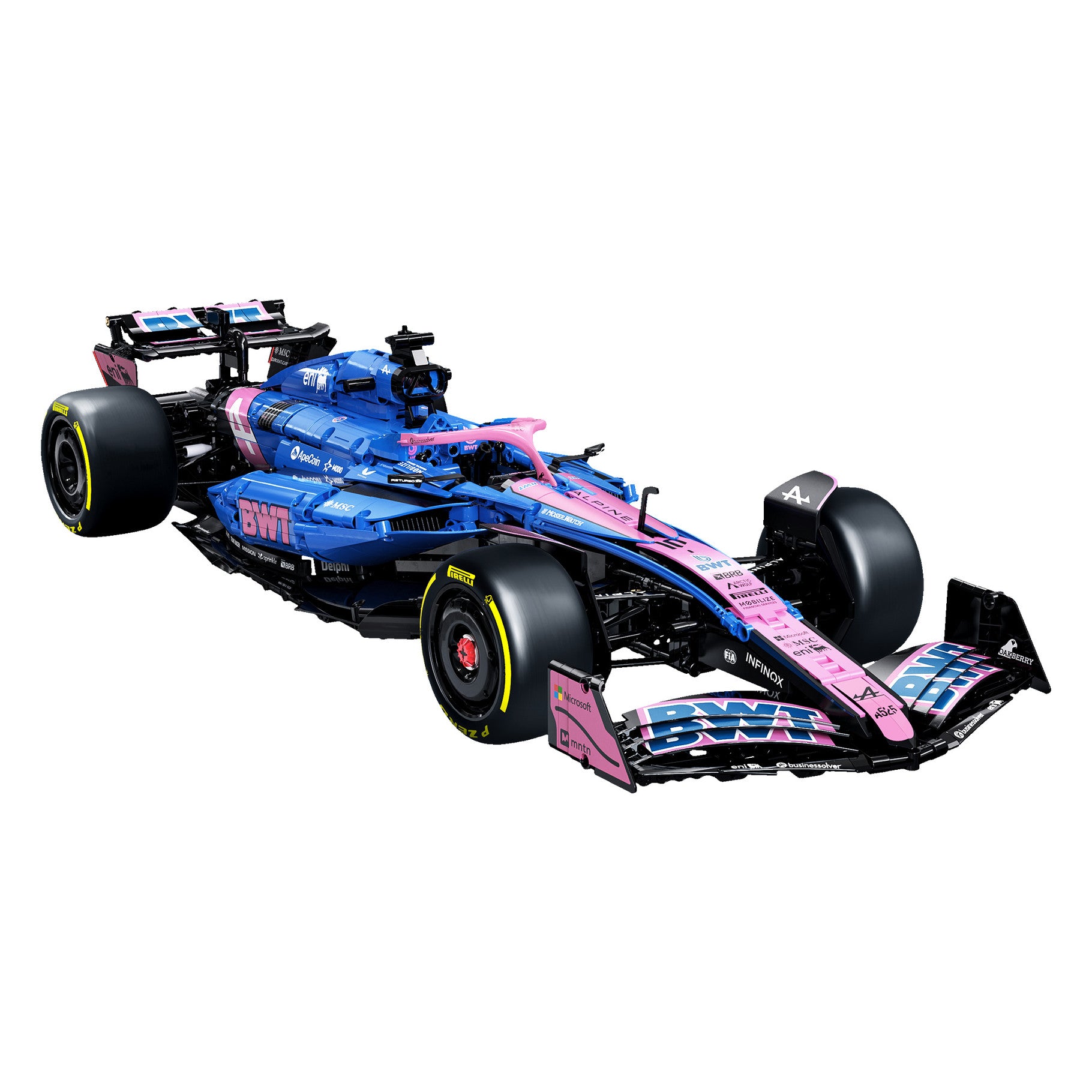 BWT Alpine F1 Team A525 model car in blue and pink with detailed features and working components.