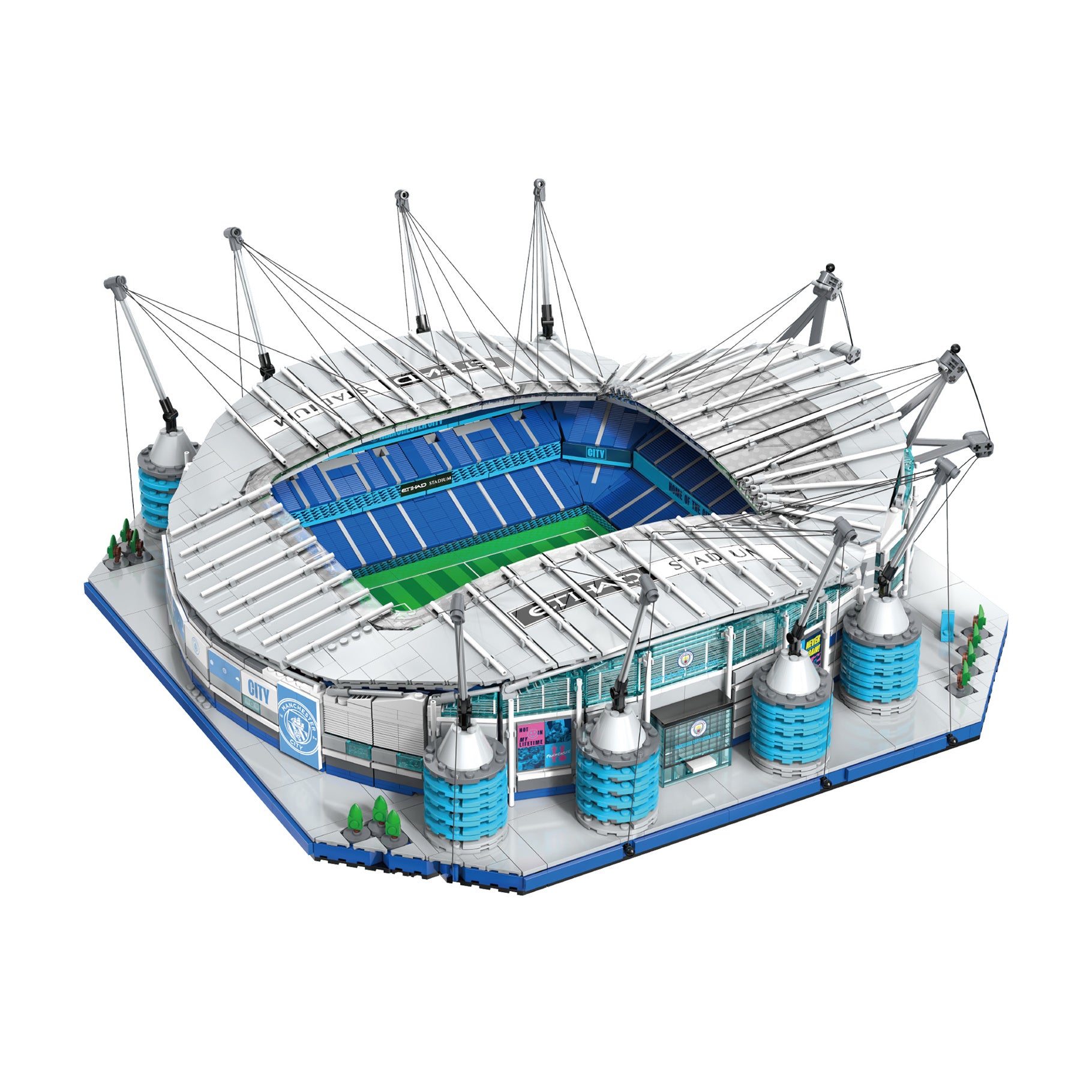 Model of a stadium with blue and white colors on a white background