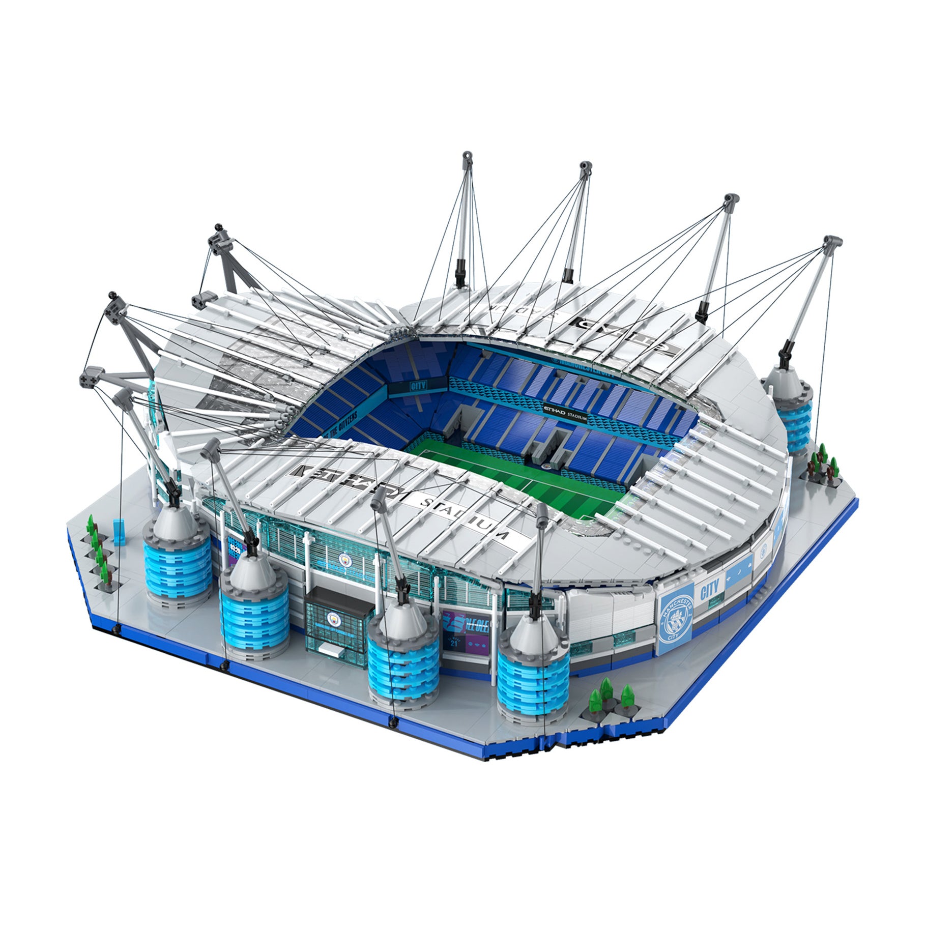 Model of a stadium with a white roof and blue accents on a white background