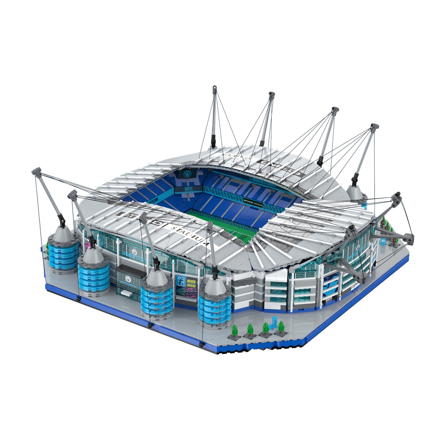 Model of a stadium with a white roof and blue accents on a white background