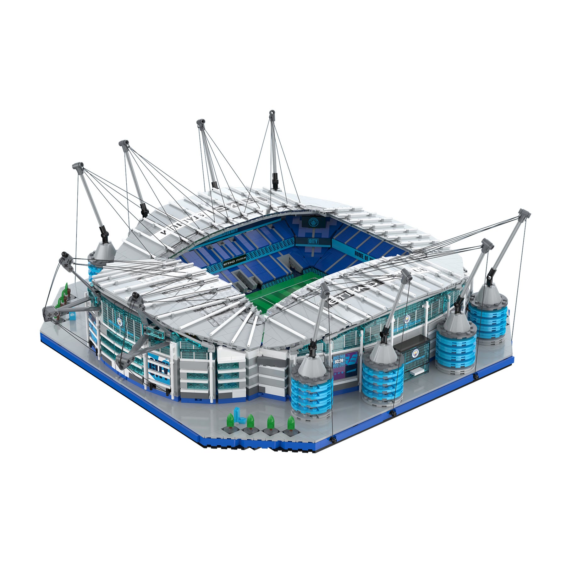 Model of a stadium with a white roof and blue accents on a white background
