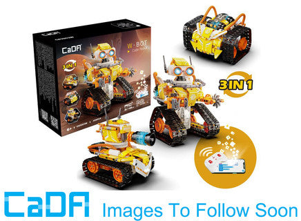 CaDA W-Bot building block set with packaging and robot models on a white background
