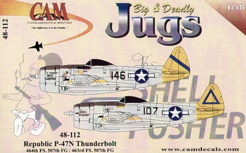 Republic P-47N Thunderbolt (2) 44-88211/146 464FS 'Lil Mealie's Meat Chopper'; 44-88313 463FS107 'The Shell Pusher'. Both 507FG with yellow tails