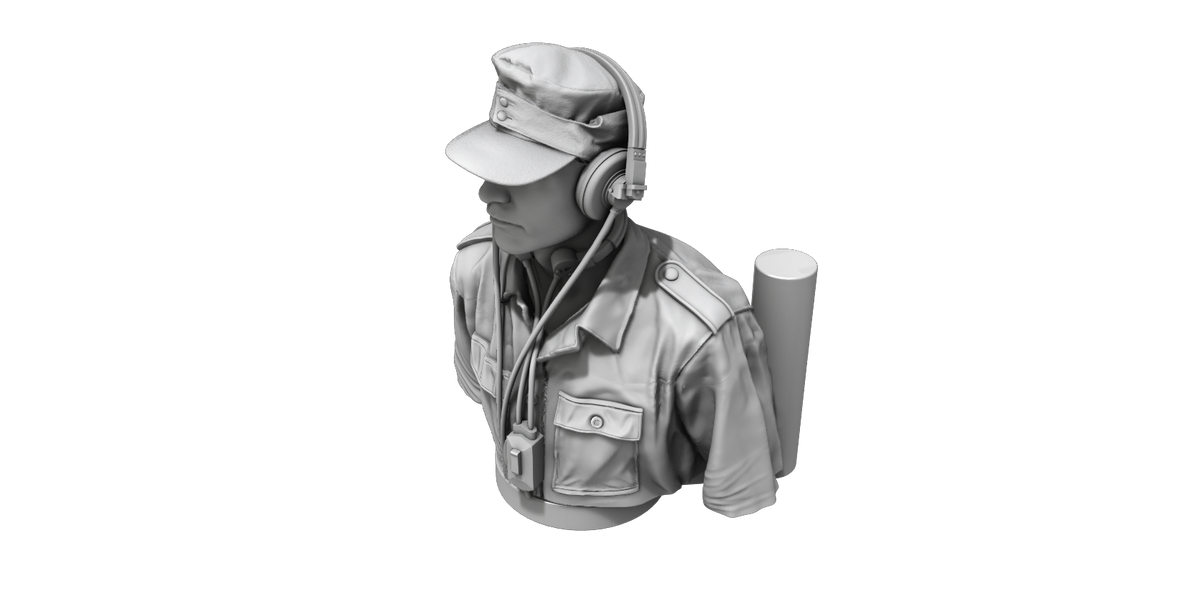 German Tank Crew (Driver) Half Figure. 3D-printed and highly detailed half figure of a German tank driver that fits to an open crew compartment hatch.