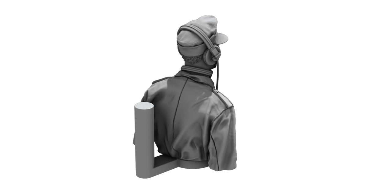 German Tank Crew (Driver) Half Figure. 3D-printed and highly detailed half figure of a German tank driver that fits to an open crew compartment hatch.