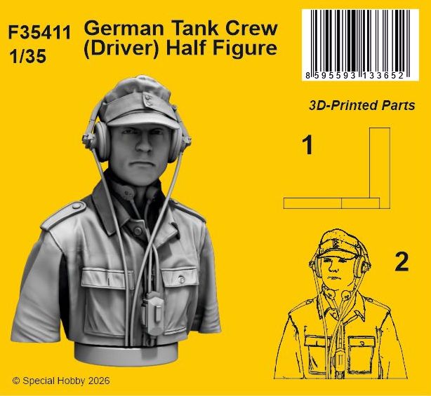 German Tank Crew (Driver) Half Figure. 3D-printed and highly detailed half figure of a German tank driver that fits to an open crew compartment hatch.