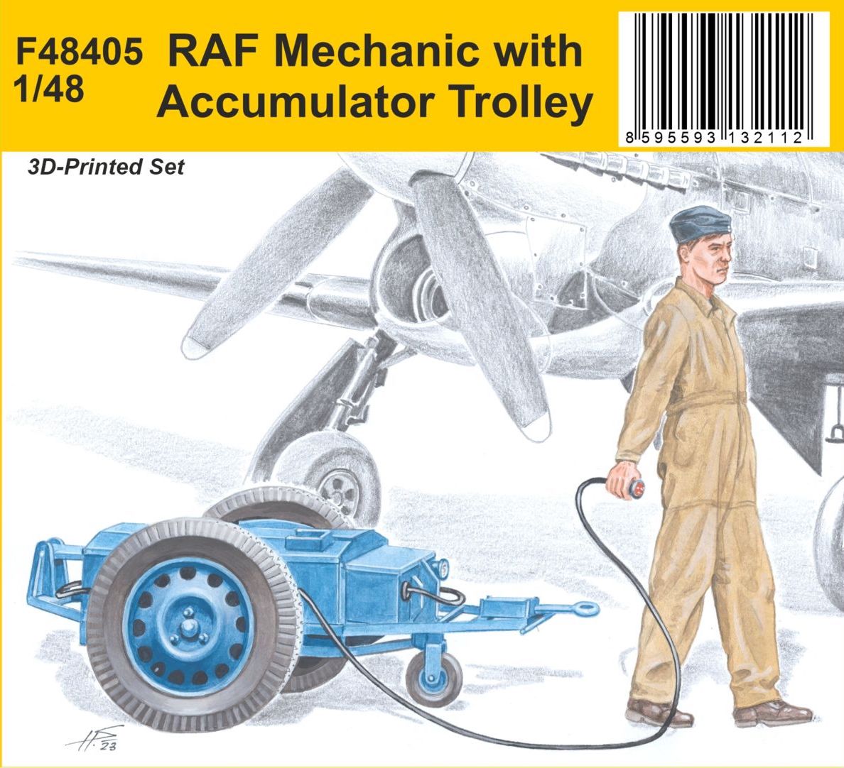 RAF Mechanic with Accumulator Trolley 3D-printed figure of an RAF ground crew member with an accu trolley that fits to almost any RAF fighter aeroplane from 1943 to 1950.