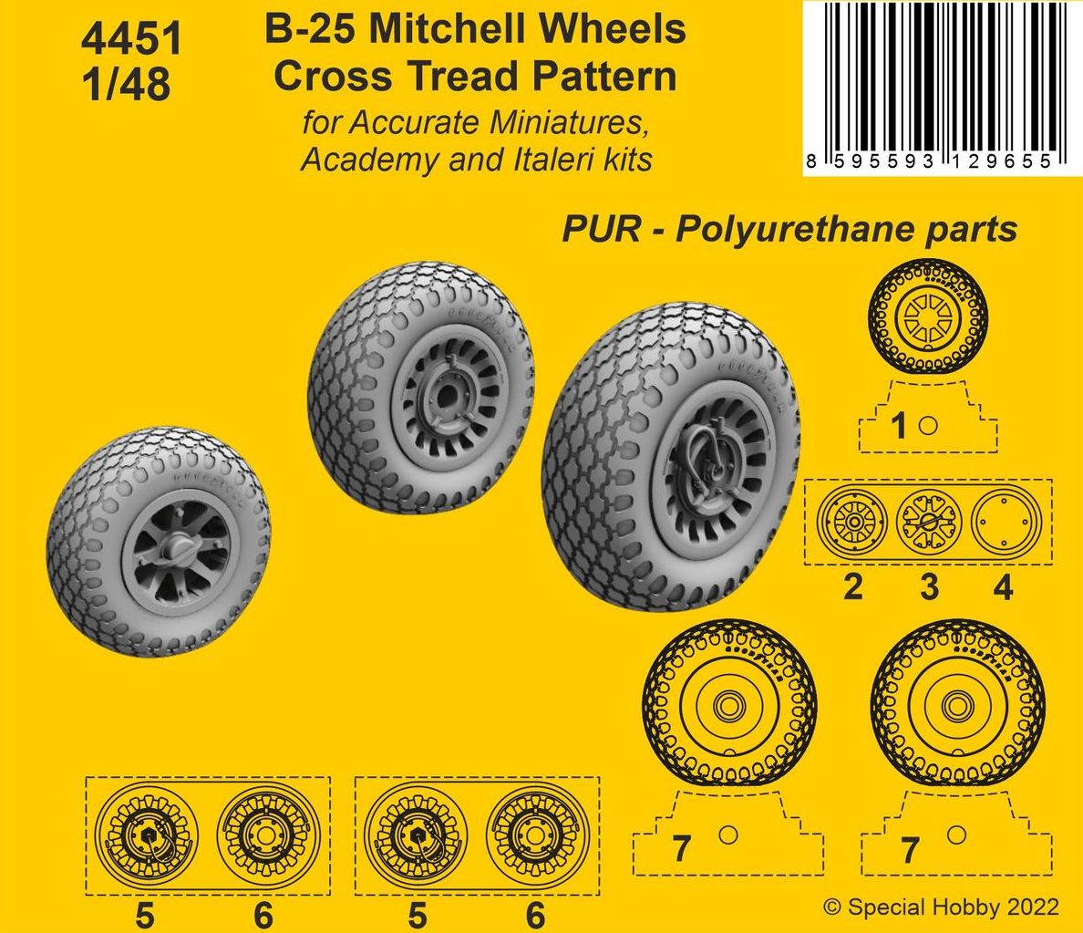 North-American B-25 Mitchell Wheels/ Cross Tread Pattern 1/48 Finely detailed wheels and weighed tyres with cross-type pattern. The nose wheel comes in two types, both with and without the hub cover.