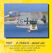Lockheed F-104G/F-104S details. Vac form canopy, etched parts, cockpit, separate control surfaces, engine box and radar (designed to be used with Hasegawa kits)