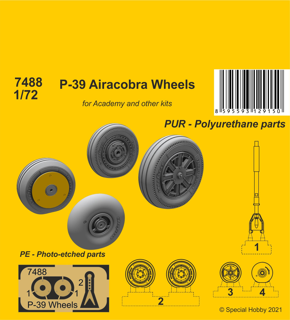 Bell P-39 Airacobra wheels with etched details (designed to be used with Academy, Airfix and Heller kits)
