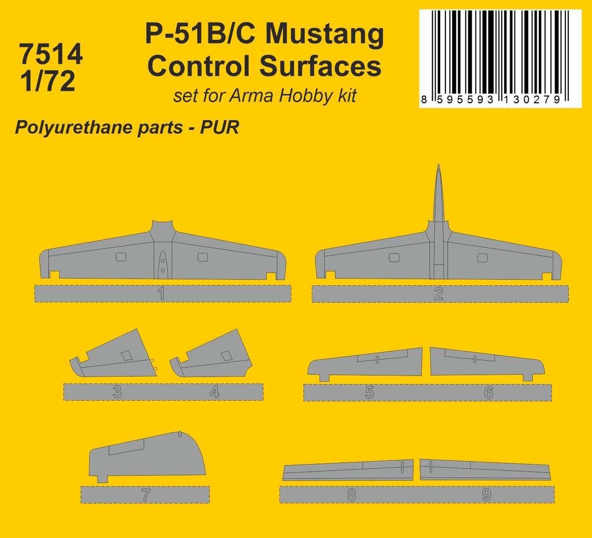 North-American P-51B/P-51C Mustang Control Surfaces 1/72 / (designed to be used with Arma Hobby kits) kit Resin cast control surfaces that can be posed as deployed.