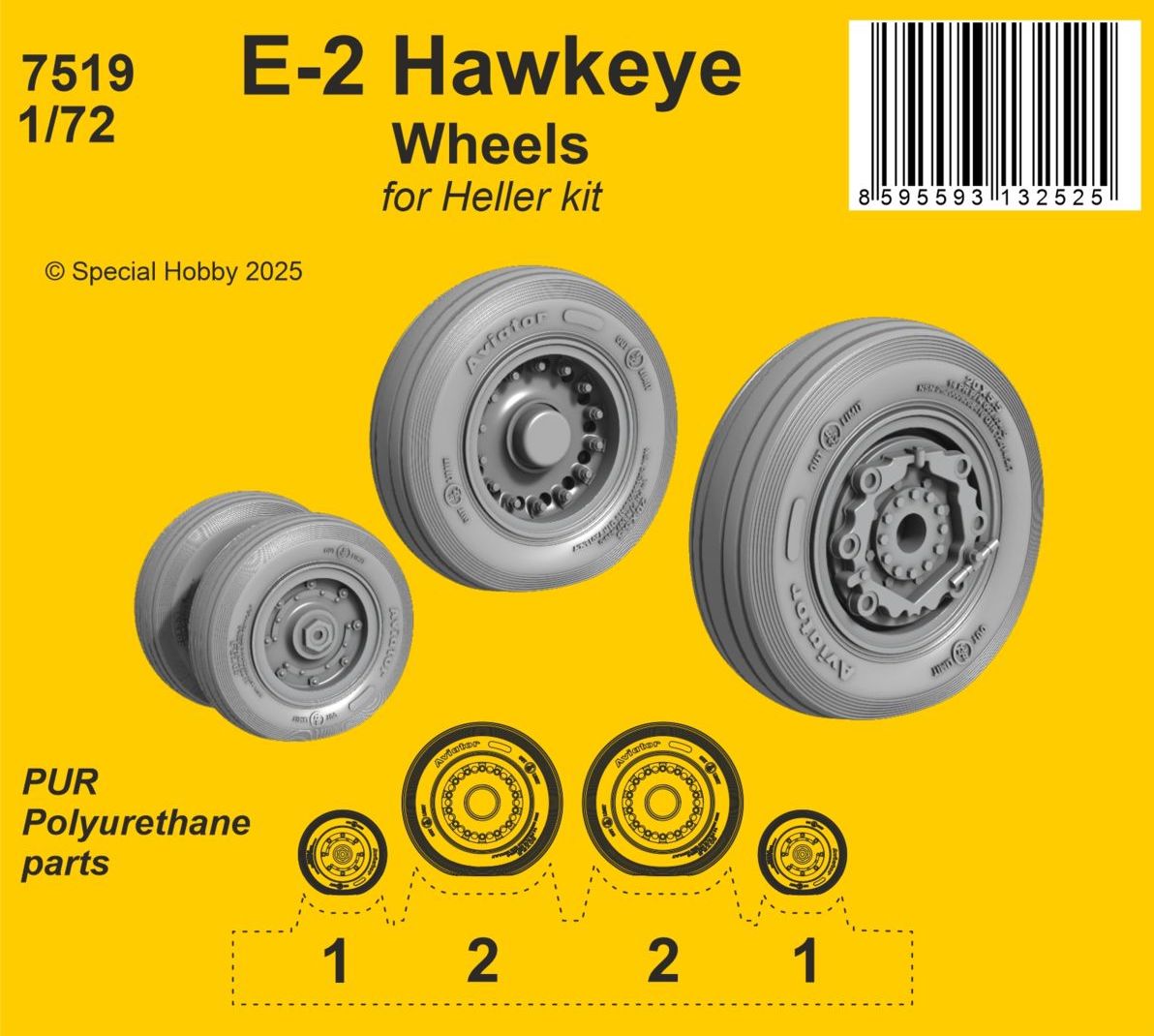 Grumman E-2C Hawkeye Wheels weighted tyres wheel with nice details (designed to be used with Heller kits) New and nicely detailed wheels with weighted tyres designed for the new Heller’s E-2 Hawkeye kit.