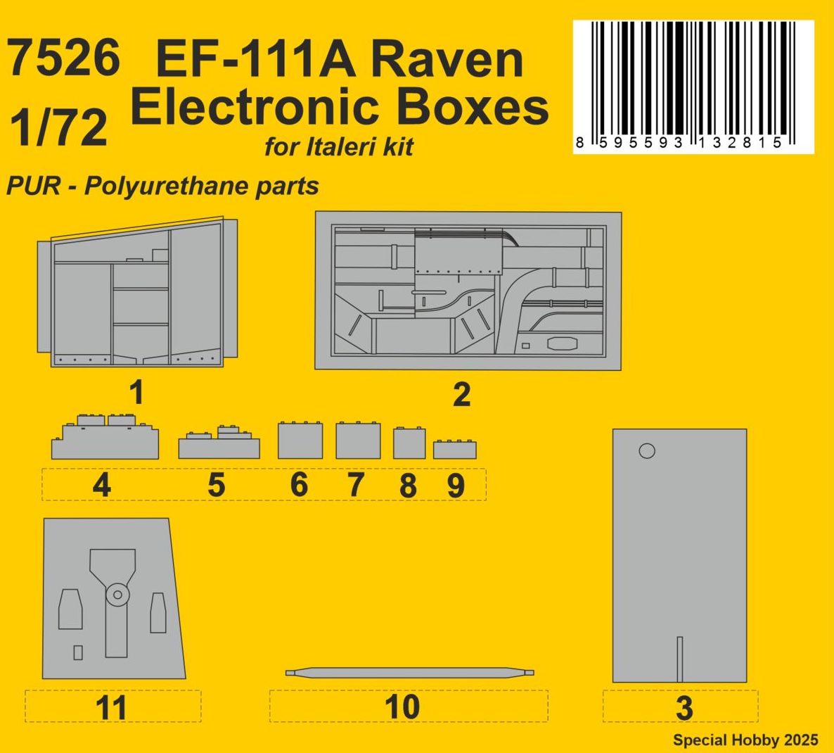General-Dynamics F-111E Open Electronics Boxes / (designed to be used with Italeri kits) With plenty of details comes this set portraying the port side and upper fuselage electronics compartments. Designed for Italeri's General-Dynamics F-111E model kit.
