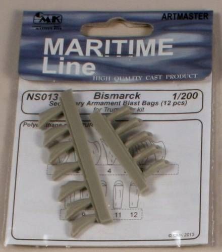 Bismark/Bismarck German Battleship 1941 Secondary Armament Blast Bags (12 pcs) Highly detailed resin cast blast bags (12 pcs) for secondary 150 mm guns. (designed to be used with Trumpeter kits)