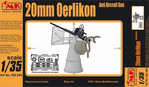 Re-released! 20mm Oerlikon AA Gun WWII. Full resin kit of one of the most widely used WWII AA cannons. This is U.S. version with Navy carriage.