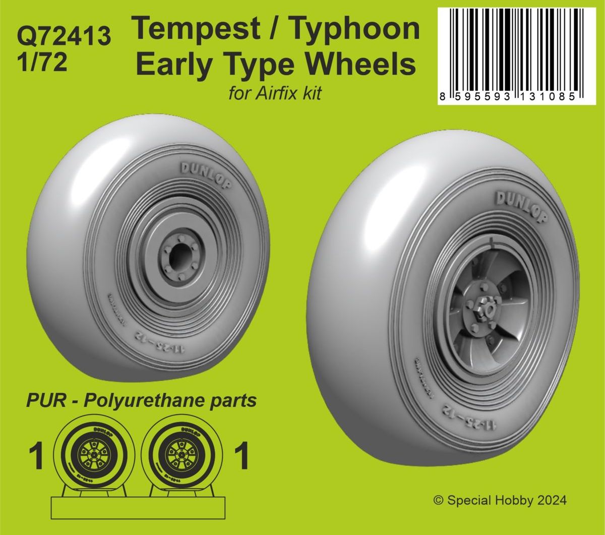 Hawker Tempest/Typhoon Early type Wheels Detail resin cast wheels with weighted tyres, designed both for the Typhoon models and the early Tempest Mk.Vs. (designed to be used with Airfix kits)