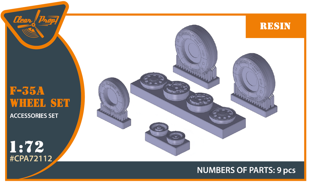 Lockheed-Martin F-35A Lightning II weighted wheel set (designed to be used withAcademy, Airfix, Fujimi, Hasegawa, Italeri, PM Model, Revell and Tamiya kits)
