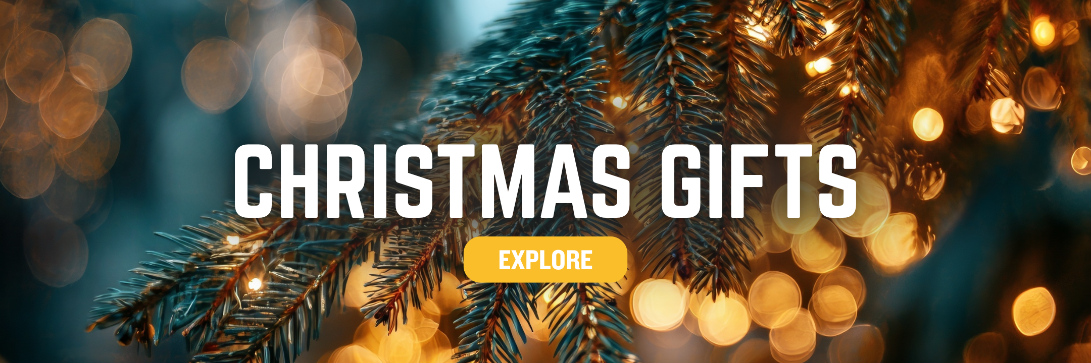 Decorative banner with Christmas tree branches and lights, featuring the text 'Christmas Gifts' and 'Explore'.