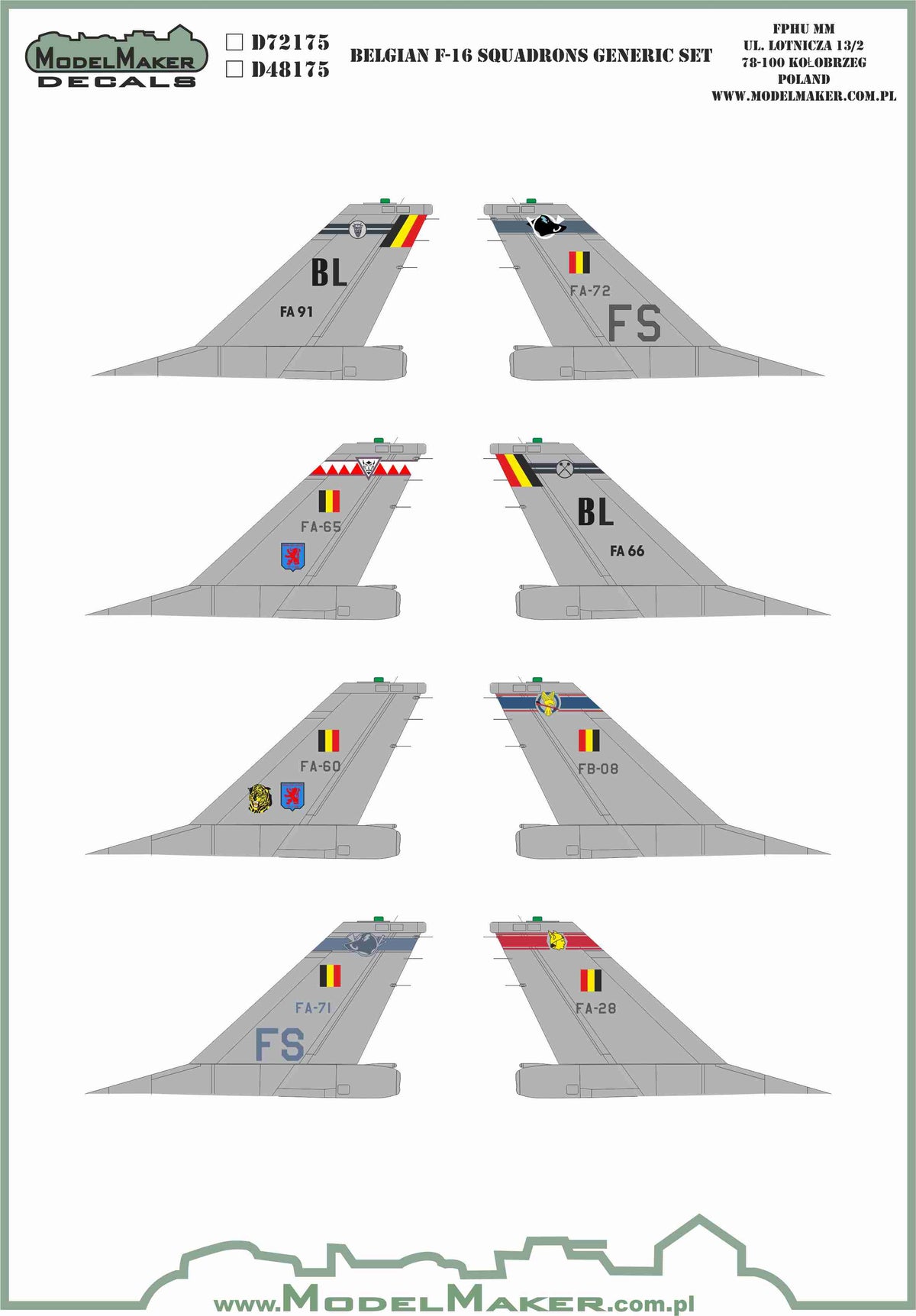 Belgian General-Dynamics F-16A/F-16B Squadrons GENERIC SET. FA-91 FA-72 FA-65 FA-66 FA-60 FB-08 FA-71 FA-28