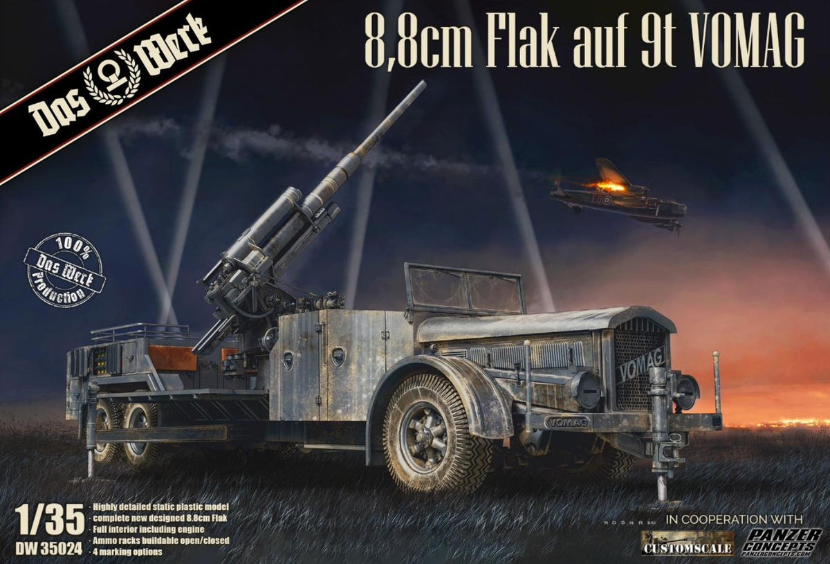 8.8cm Flak mounted on 9t VOMAG truck • Full interior including engine• Completely redesigned 8.8cm Flak gun• Ammo racks can be built open or closed• 4 marking options