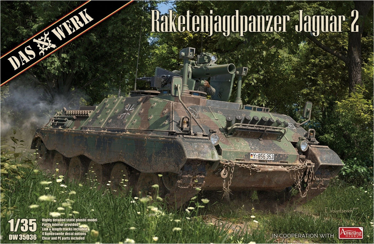 RaketenjagdpanzerJaguar 2Highly detailed static plastic modelPartly interior providedLink & length tracks included4 Bundeswehr decal optionsClear & PE-Parts included
