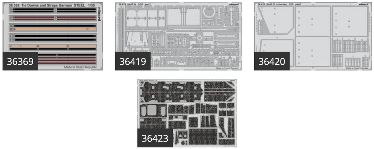 Sturmgeschutz/StuG.IV (designed to be used with Academy kits) This BiG-Ed set includes all these Eduard sets.....ED36369 Tie Downs and Straps German STEEL ED36419 StuG IV ED36420 StuG IV Schurzen/Schürzen ED36423 StuG IV zimmerit