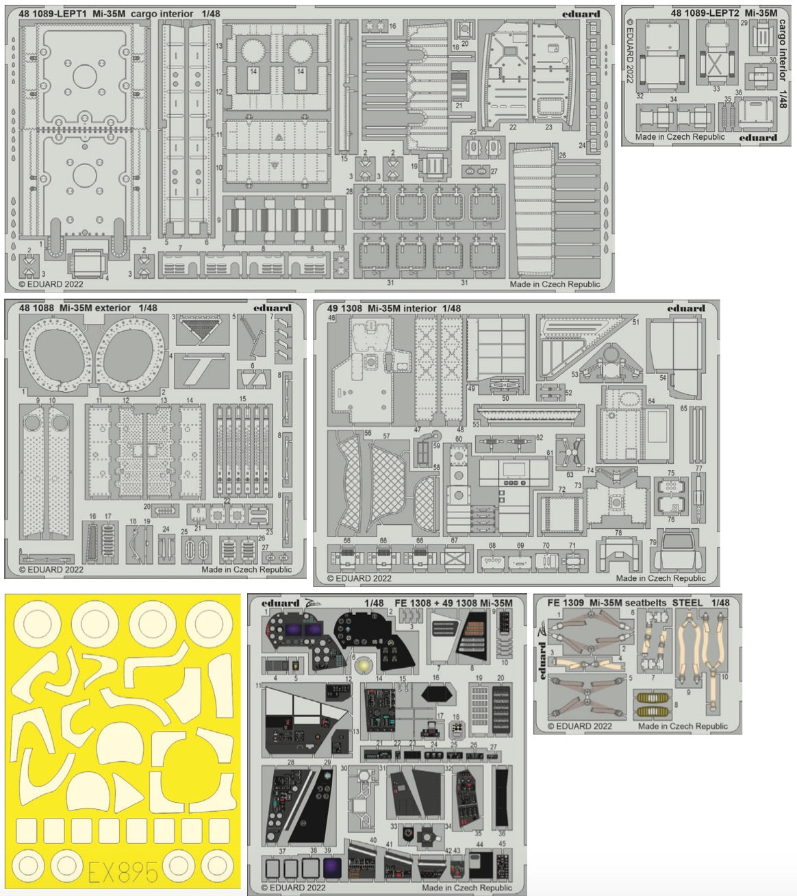 Mil Mi-35M (designed to be used with Zvezda kits) This BiG-Ed set includes all these Eduard sets.....ED481088 Mi-35M exterior 1/48ED481089 Mi-35M cargo interior 1/48ED491308 Mi-35M interior 1/48EDFE1309 Mi-35M seatbelts STEEL EDEX895 Mi-35M 1/48