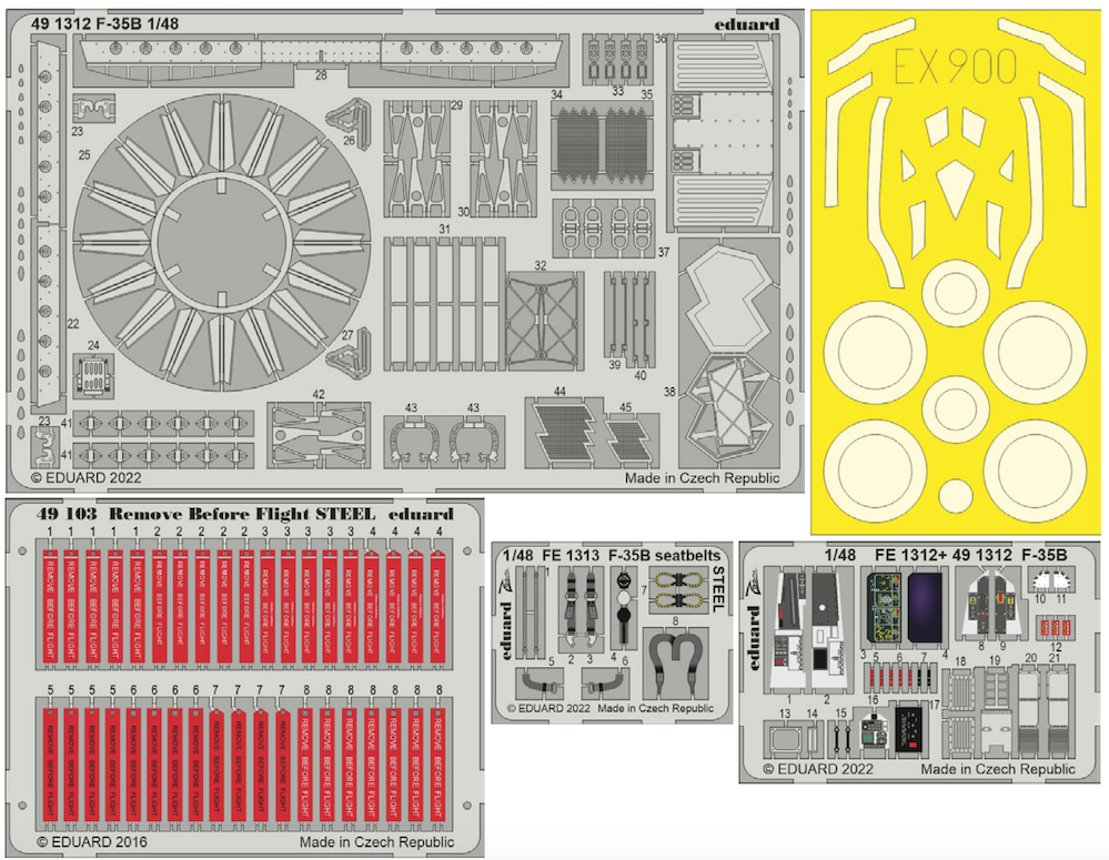 Lockheed-Martin F-35B Lightning II (designed to be used with Italeri kits) This BiG-Ed set includes all these Eduard sets.....ED49103 Remove Before Flight STEEL ED491312 F-35BEDFE1313 F-35B seatbelts STEEL EDEX900 F-35B