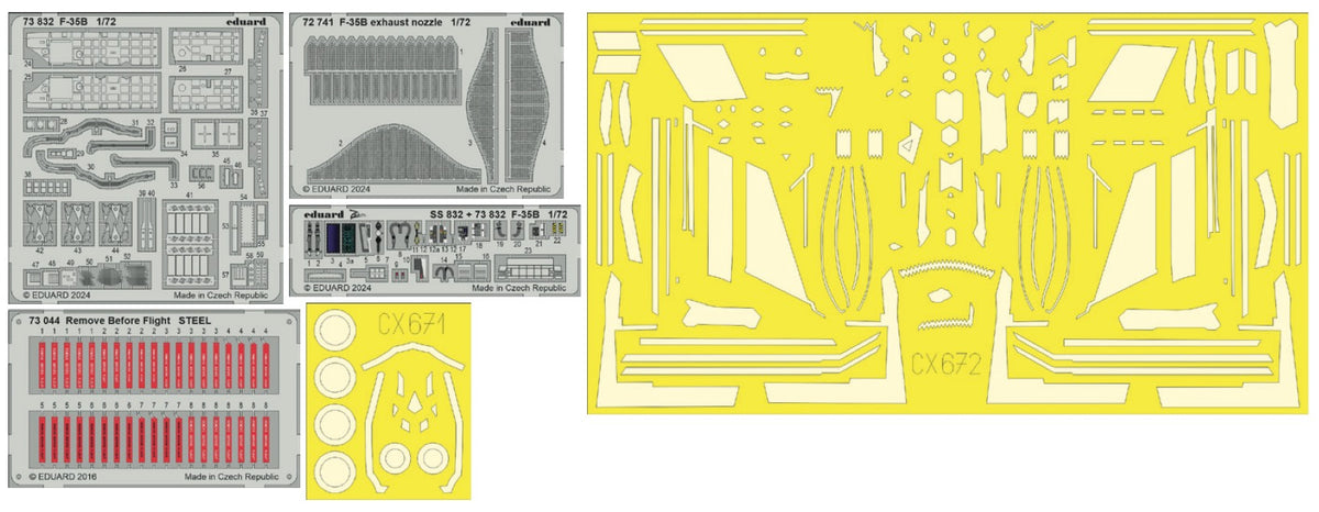 Lockheed-Martin F-35B 1/72 (designed to be used with Tamiya kits) This BiG-Ed set includes all these Eduard sets....ED72741 F-35B exhaust nozzle 1/72 ED73044 Remove Before Flight STEEL ED73832 F-35B EDCX671 F-35B EDCX672 F-35B RAM coating