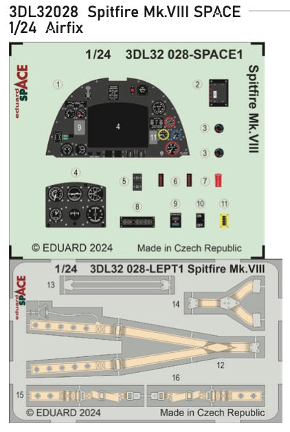 Supermarine Spitfire Mk.VIII SPACE - 3D-printed waterslide instrument decals and etched seat-belts (designed to be used with Airfix kits)