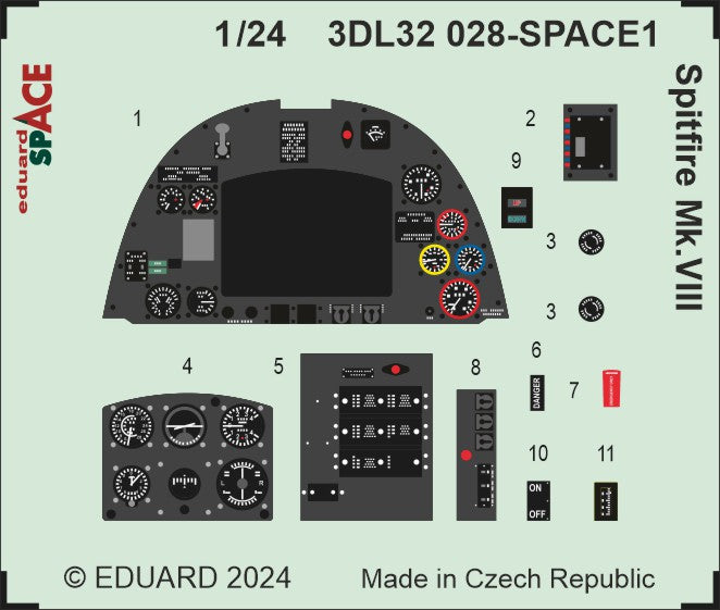 Supermarine Spitfire Mk.VIII SPACE - 3D-printed waterslide instrument decals and etched seat-belts (designed to be used with Airfix kits)