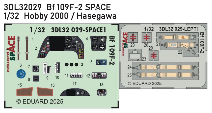 Messerschmitt Bf-109F-2 SPACE - 3D-printed waterslide instrument decals and etched seat-belts (designed to be used with Hasegawa and Hobby 2000 kits)