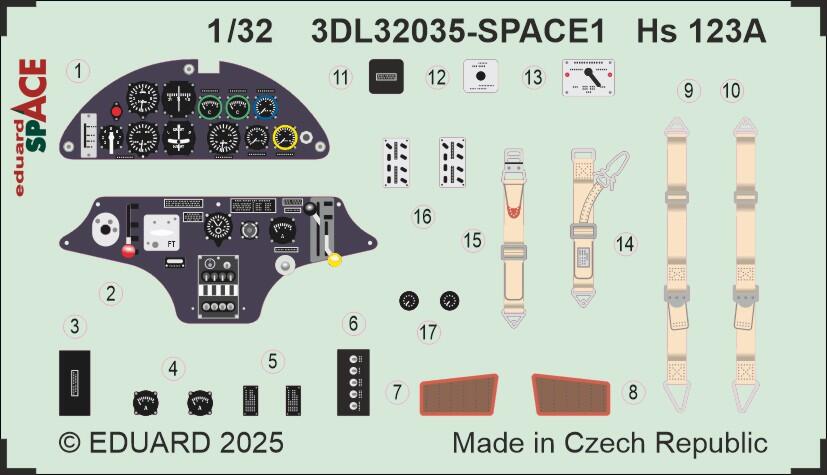 Henschel Hs-123A SPACE set - 3D waterslide decals and STEEL PE parts. 3D-printed instruments and seats belts 1/32 (designed to be used with ICM UA UK kits)