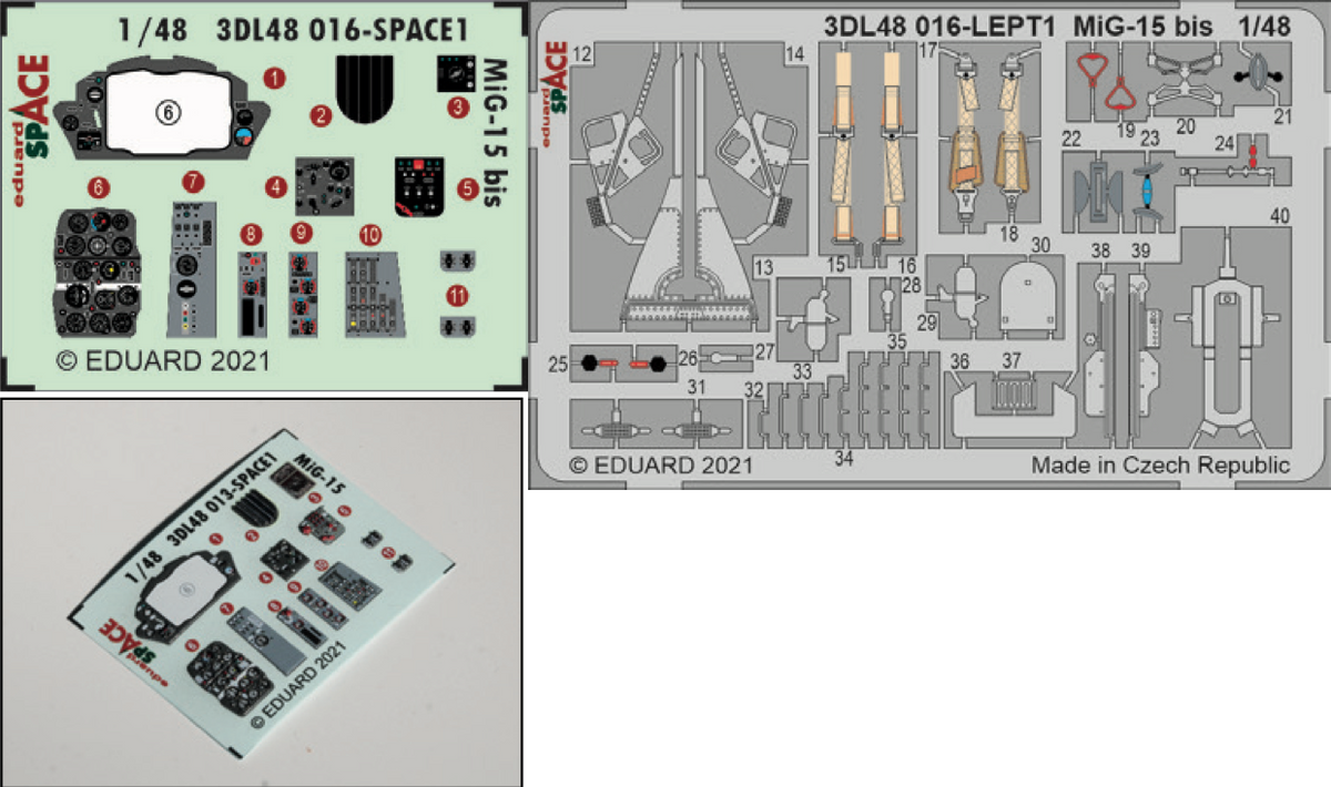 Mikoyan MiG-15bis SPACE (3D-Printed) instrument decals, seatbelts and seat details (designed to be used with Bronco Model and Hobby 2000 kits)