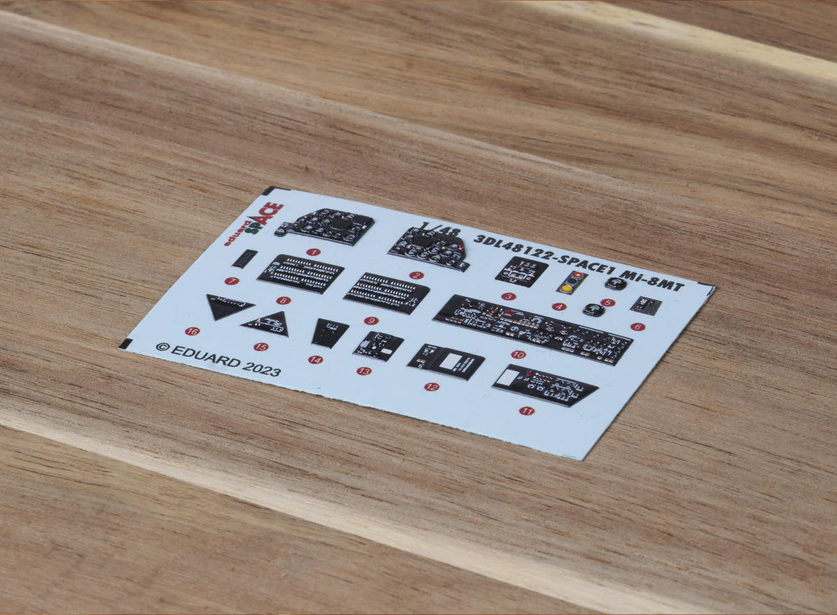 Mil Mi-8MT SPACE - 3D-printed waterslide instrument decals and etched seat-belts (designed to be used with Trumpeter kits)