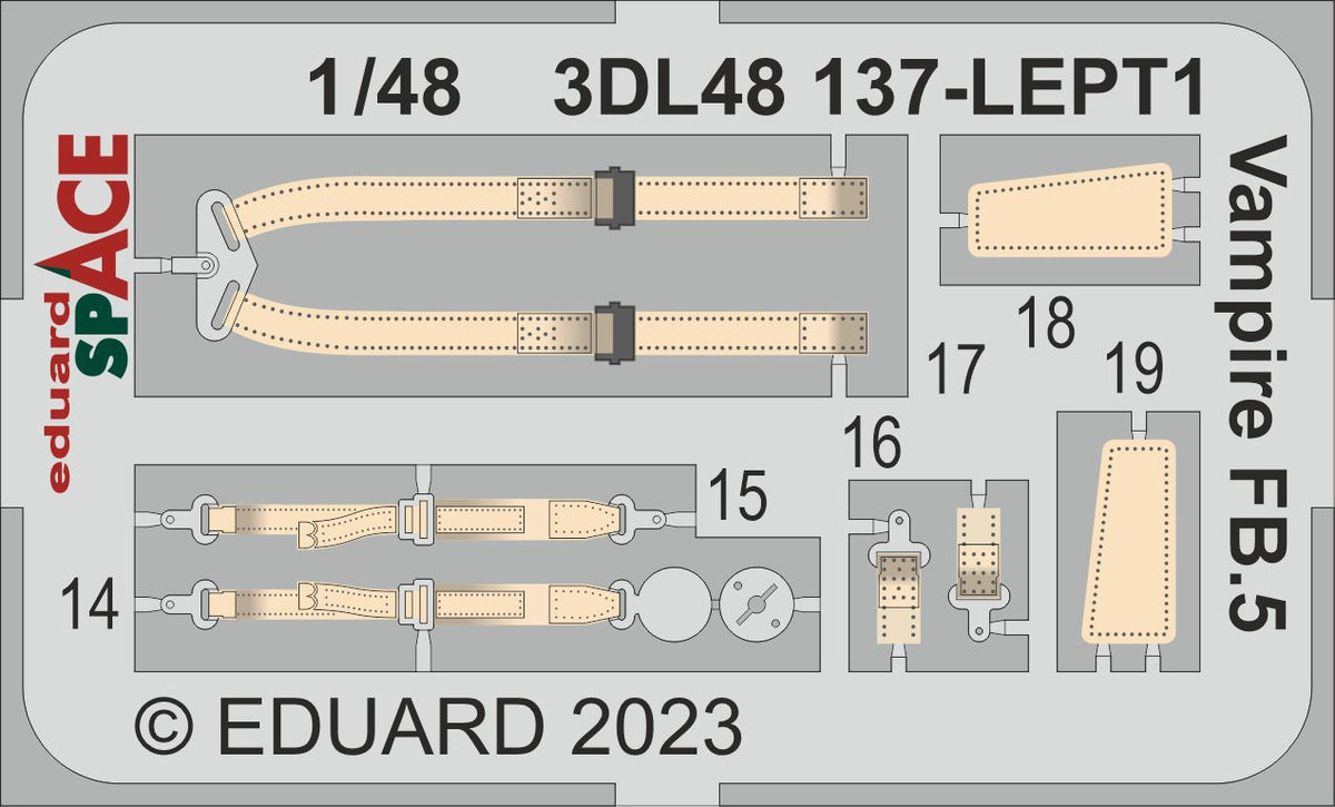 de Havilland Vampire FB.5 SPACE - 3D-printed waterslide instrument decals and etched seat-belts (designed to be used with Airfix kits)