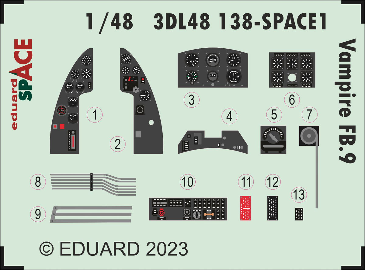de Havilland Vampire FB.9 SPACE - 3D-printed waterslide instrument decals and etched seat-belts (designed to be used with Airfix kits)