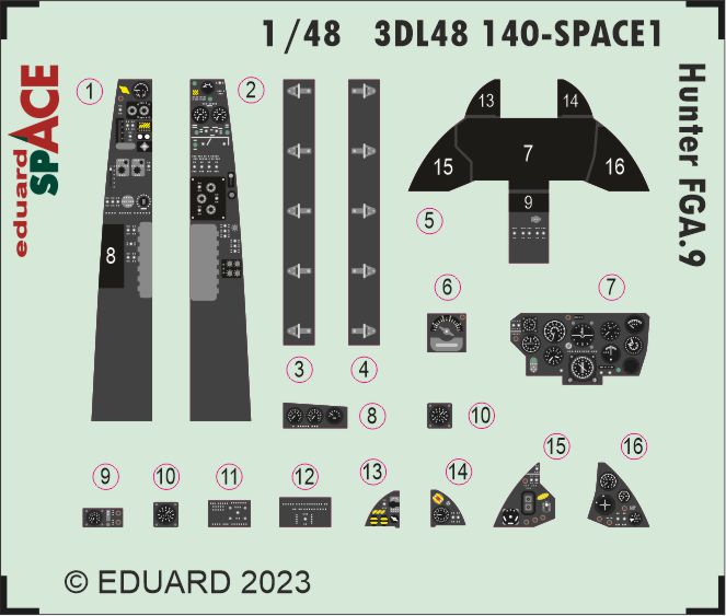 Hawker Hunter FGA.9 SPACE - 3D-printed waterslide instrument decals and etched seat-belts (designed to be used with Airfix kits)