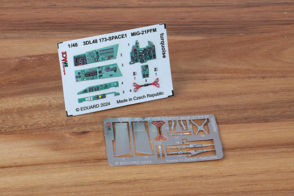 Mikoyan MiG-21PFM turquoise - 3D-printed waterslide instrument decals and etched seat-belts (designed to be used with Eduard kits)