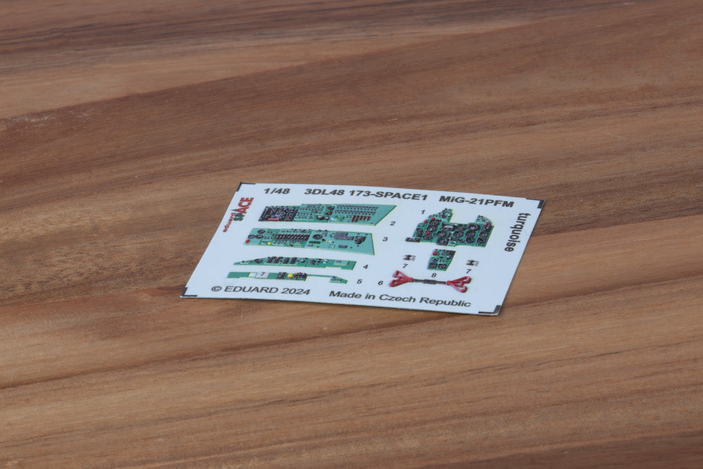 Mikoyan MiG-21PFM turquoise - 3D-printed waterslide instrument decals and etched seat-belts (designed to be used with Eduard kits)