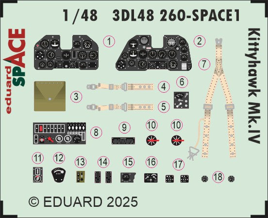 Curtiss Kittyhawk Mk.IV SPACE set - 3D waterslide decals and STEEL PE parts. 1/48 (designed to be used with Eduard kits)