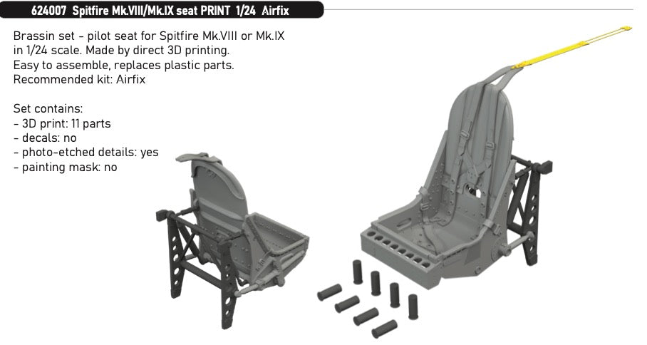 Supermarine Spitfire Mk.VIII/Mk.IX seat 3D-Printed 1/24 (designed to be used with Airfix kits)