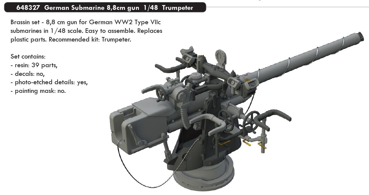 German Submarine 88mm gun for DKM U-Boat Type VIIC U-552 (designed to be used with Trumpeter kits)